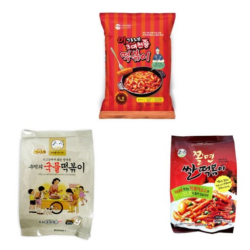 이가네 3대천왕 떡볶이 3종세트 이가네떡볶이(440g) 추억의 국물떡볶이(373g) 쫄면 쌀떡볶이(523g), 1개, 1336g