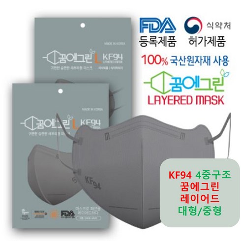 [100매 4중구조]KF94 꿈에그린 새부리형 레이어드 그레이 4중구조 대형/중형 / 성인용 FDA ALL국산원자재 피부저자극 써멀본드 5개입 포장 황사방역보건용 100매, 대형 그레이, 5개, 5개