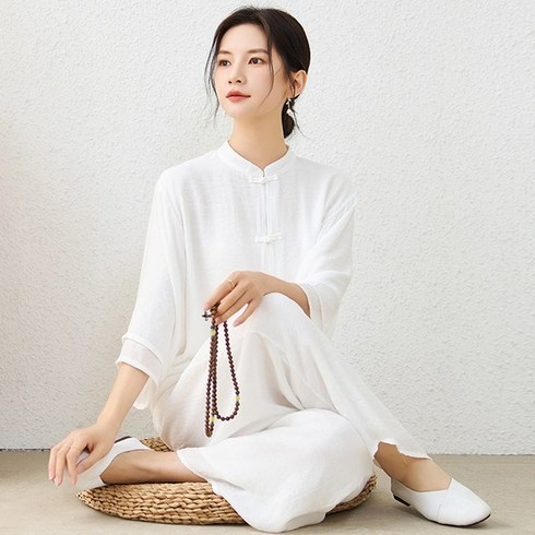 여성 기도 명상 복 요가 원 복장 법복 여름 린넨 세트