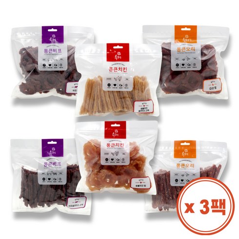 수제 통큰 대용량 강아지 간식 1.2kg(600g x 3팩) 치킨 오리 비프, 수제 통큰 숯불치킨슬라이스 스틱 600g x 3팩