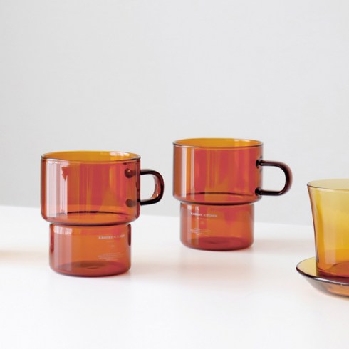카모메키친 스태커블 글라스 머그 400ml, amber, 2개