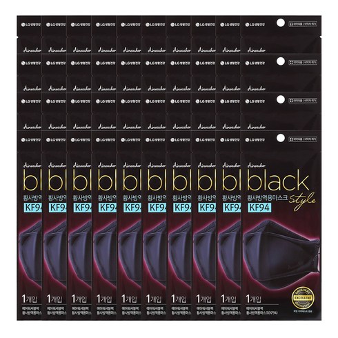 LG생활건강 에어워셔 플러스 블랙 황사 방역용 마스크 KF94 대형 40매, 1개입, 40개