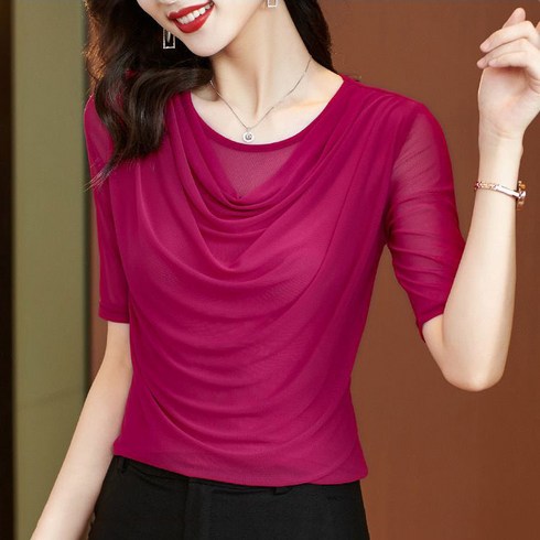 봄가을 여성용 망사 반팔 슬림 티셔츠 라인 댄스복 상의 Women