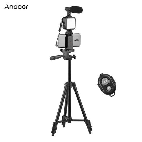 Andoer 휴대용 스마트폰 유튜브 촬영 장비 키트 마이크 키트(삼각대 + D-05 마이크 + 셔터 리모콘 + LED 촬영 조명 + 스마트폰 거치대), 블랙, #, KIT-01LM, 없음