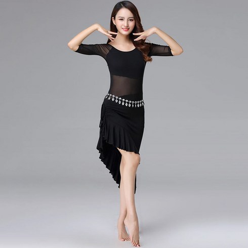 Crzen 성인 라틴댄스 원피스 여성 댄스복 모달 연습복 공연복 23N3, 블랙