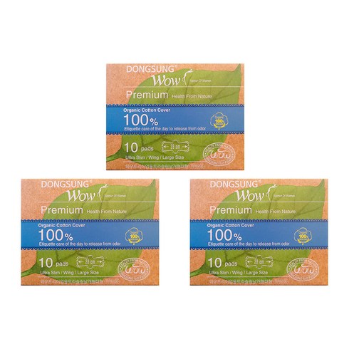동성제약 와우 프리미엄 유기농 순면커버 대형(10개입) 생리대, 3개, 10개입, 대형