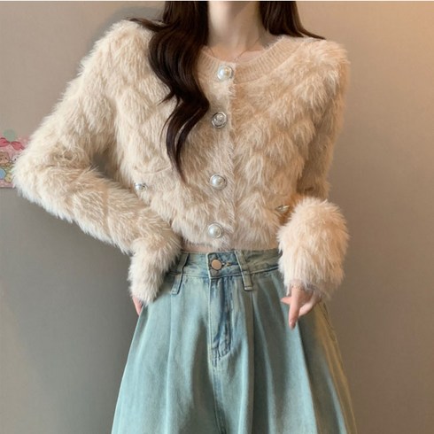 나나뽕 요성 왕진주알단추 앙고라 퍼 체크 가디건