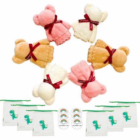 2023년 가성비 최고 돌답례품 - 곰인형손수건 어린이집 생일답례품 구디백 6개+스티커6개, 혼합+공룡포장팩