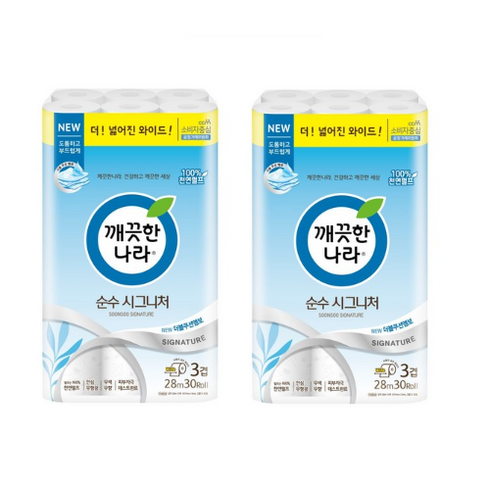 깨끗한나라 3겹 데코 더 순수 천연펄프 롤화장지 27m, 2개, 30롤