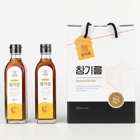 천지샘 국산 참기름 선물세트 (300ml * 2병 들이 국산참깨 100% 추석선물 설선물 선물포장), 1세트, 600ml