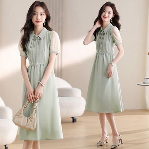 뉴욕멋쟁이 데코 카라 시스루 불륨소매 미디원피스