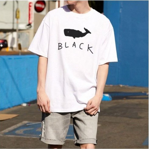 남녀공용 5부오버핏 반팔티 고래 빅사이즈 티셔츠 남성 여성 커플 티 M~5XL