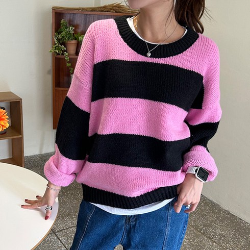 2023년 가성비 최고 스트라이프티셔츠 - 펑키단가라오버핏니트 긴팔니트 라운드니트 스트라이프 오버핏 롱니트 루즈핏 빅사이즈 여성용
