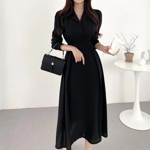ANYOU 여성 정장 오피스룩 원피스 쉬폰 카라 A라인 롱 원피스