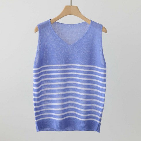 제니트 여성용 기본핏 브이넥 포인트 캐주얼룩 노을 단가라 민소매 니트 나시 j384