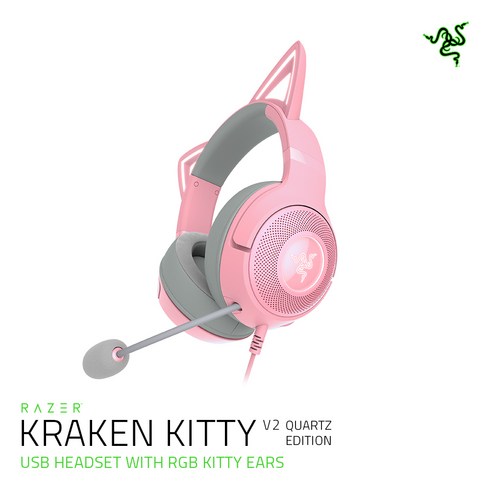 레이저 Kraken Kitty V2 Quartz 헤드셋, RZ04-0473, 핑크