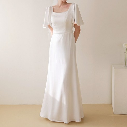 엘블랑꼬 셀프웨딩 릴리 러플 소매 롱 결혼식 2부 피로연 돌잔치 스몰웨딩 드레스