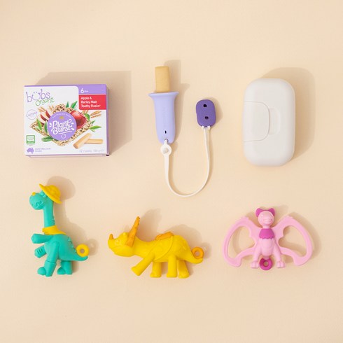 앙파파 유아 이앓이해소 치발 유기농 아기과자 투씨러스크 1BOX + 홀더 1개 + 공룡치발기 3개 (티딩러스크 이앓이세트), 티노 ＋ 케리 ＋ 노라, 고구마&호박, 퍼플홀더＋케이스