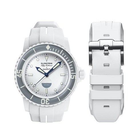 BONACE 블랑팡 견본용 스트랩 곡선형 부드러운 고무 방수 교체 Swatch Blancpain 50 Fathoms용 x 남성용 여성용 22mm 퀵 릴리즈 밴드 제거 도구 키, 화이트