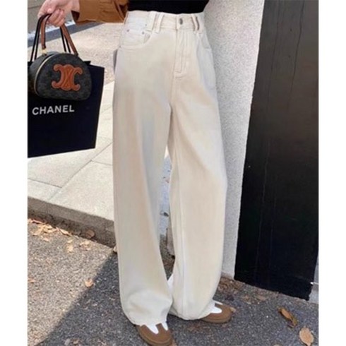 가자 여성 스트레이트 세미 와이드 뒤기모 데님 팬츠