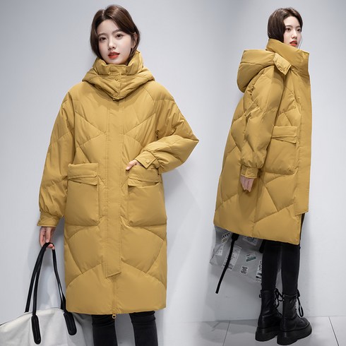 화이트오리털옐로우패딩여중롱후드다운루즈핏코트