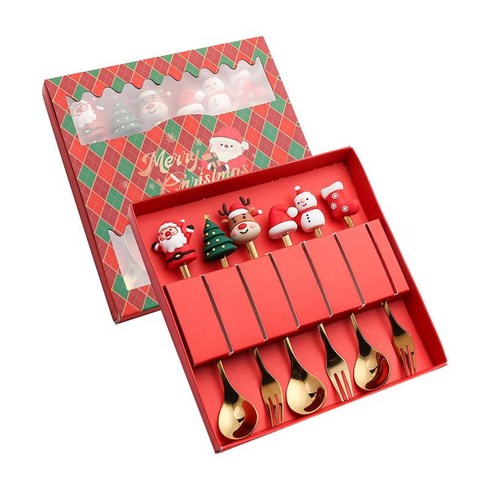 GHSHOP 6Pcs Xmas 칼 붙이 키트 선물 상자가있는 스테인레스 스틸 디저트 스푼 포크 파티 레스토랑 용 크리스마스 스푼, 18.4cmx18.2cm, 스타일 A