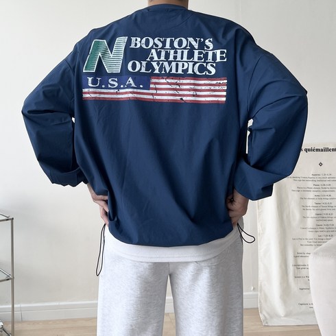 보스턴 나일론 아노락맨투맨 바람막이맨투맨 얇은맨투맨 파란색