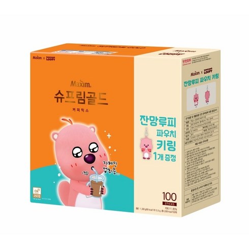 맥심잔망루피 - 맥심 슈프림골드 커피믹스 100개입+잔망루피 파우치 키링, 1개, 100개입, 1.25kg, 13.5g