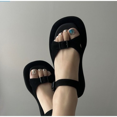 더로우 소가죽 스웨이드 스트랩 플랫폼 통굽 샌들 여성수제화
