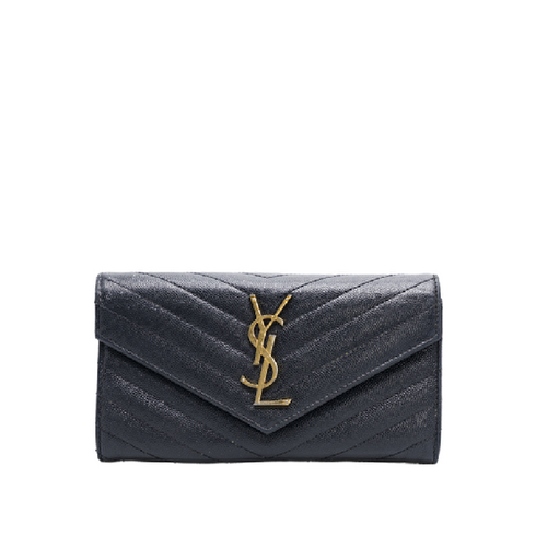 생로랑 [빈티지] 블랙 카프스킨 마틀라세 모노그램 금장 여성 장지갑 ..