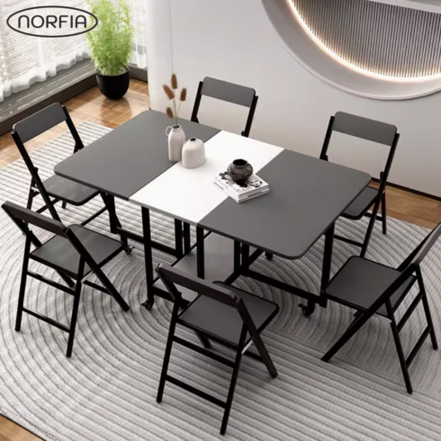 폴딩식탁 - 노르피아 공간활용 접이식 식탁 의자 폴딩 확장형 윙드 테이블 세트 거실 이동식 4인용 6인용, 의자 4개 세트, 그레이
