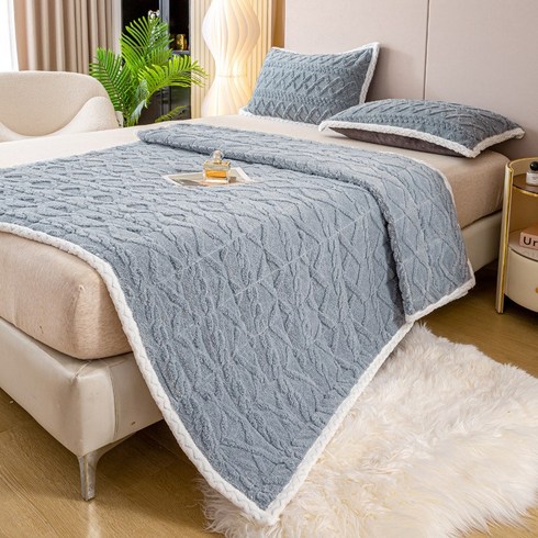Roomxyd 겨울 뽀글이 극세사 양털 침대 매트리스 매트 침대패드 커버 베개커버 세트, 블루그레이