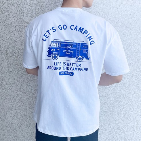 2023년 가성비 최고 중고캠핑카 - 베럴댄나우 남자 20수 캠핑카 프린팅 오버핏 반팔 티셔츠