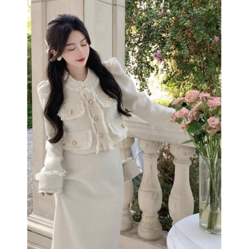 2023년 가성비 최고 결혼식코디 - 트위드투피스 하객룩 스커트 셋업 크롭 세트 자켓 블랙 오피스룩 가을 결혼식 코디