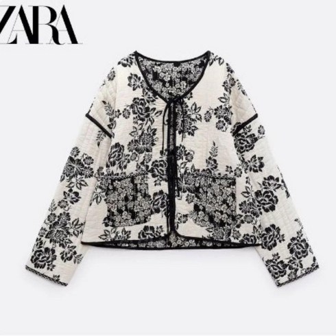 ZARA 리버시블 빈티지 노카라 V넥 퀼팅 자켓 꽃무늬 경량 패딩 간절기 누빔 양면 깔깔이