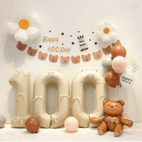 100일상아기플로라 - 포근 라이프 100일 파티 백일 상차림 세트 풍선 가랜드 백일 파티, 100일 꼬마곰