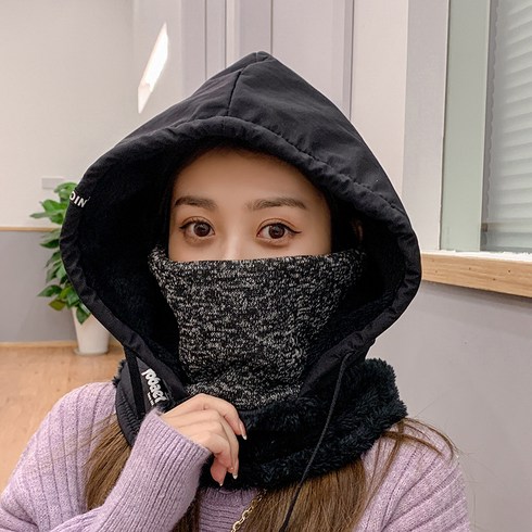 2023년 가성비 최고 스노우보드모자 - 비바로싸 겨울 방한 여성 패딩 바라클라바 버프 후드 골프 넥워머 스키 스노우보드 모자, 검은색