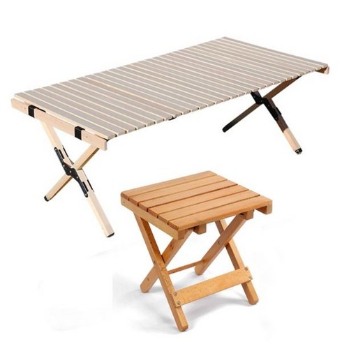 [캠핑문]캠핑 원목롤테이블 1200 4인 의자세트, 연브라운