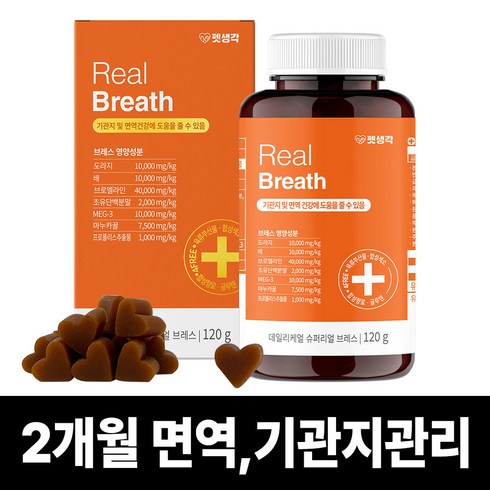 펫생각 리얼 브레스 반려견 강아지 기관지 영양제 협착증 기침 면역력 호흡기 켁켁거림 거위소리 120g, 1박스