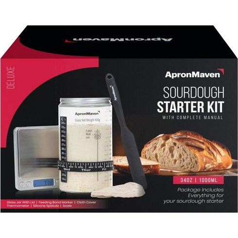 디럭스 사워도우 스타터 키트 34온스 큰 항아리 주방 저울 천 덮개 급이 시간 및 레벨 밴드 온도계 긴 실리콘 교반 주걱 간편한 빵 굽기배터리 포함