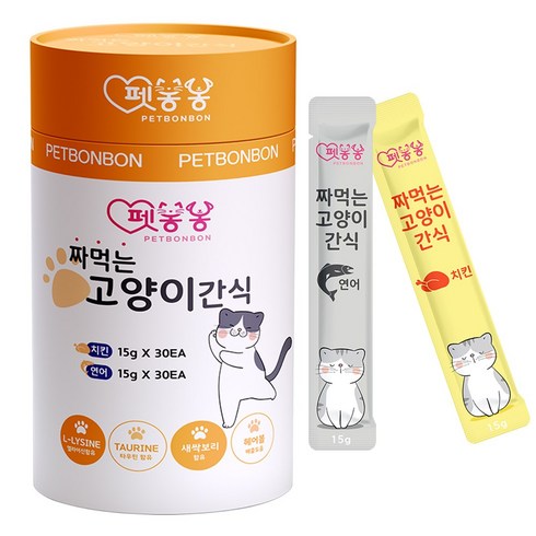 펫봉봉 NEW 짜먹는 고양이 간식 습식 고양이 스틱 대용량 60P, 1통, 900g, 연어(30)+치킨(30)