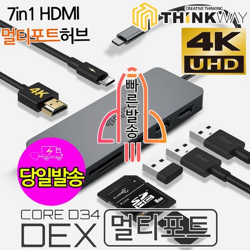 씽크웨이 CORE D34덱스 7포트 HDMI 멀티포트 허브 CORE D34 DEX, 그레이