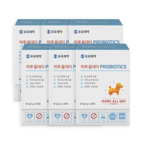 하루올데이강아지유산균probiotics2g - 유유제약 하루올데이 PROBIOTICS 강아지 유산균 영양제 면역력 소화력개선 1포 300억 카제로템 신바이오틱스 2gx30포, 장건강/유산균, 6개