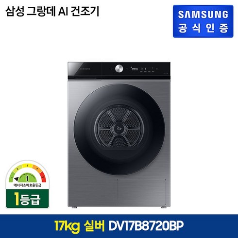 삼성전자 삼성 비스포크 AI 그랑데 1등급 실버 건조기 17kg(DV17B8720BP)+21kg 1등급 세탁기(WF21B6400KP), 단일옵션