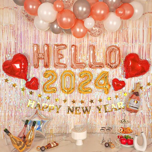 2023년 가성비 최고 연말홈파티 - 로나파티 HELLO 연말 홈 파티 16종 세트 풍선 용품, 8 HELLO 로즈+숫자 골드 SET
