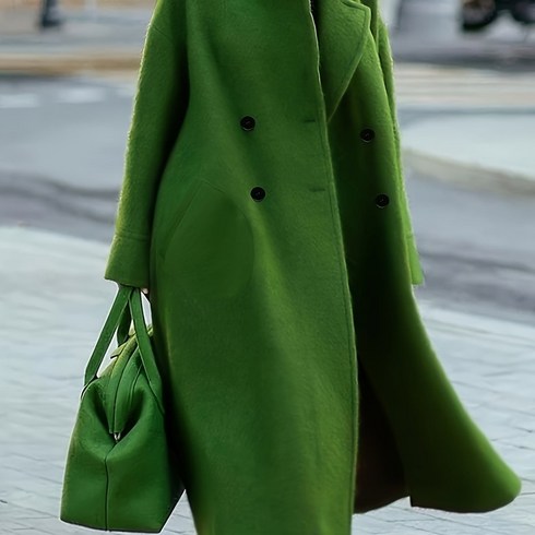 솔리드 라펠 코트 겨울과 가을을 위한 롱 길이 캐주얼 아우터 여성 의류, L(77), 짙은 녹색, 1개