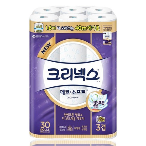 크리넥스 3겹 데코&소프트 화장지 40m x 30롤 두루마리휴지 두루말이 천연펄프 무형광 두꺼운 화장실 먼지없는 집들이선물 대용량 부드러운 유한킴벌리 코스트코 롤티슈