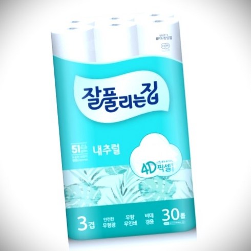 잘풀리는집 내추럴 4D픽셀 엠보싱 3겹 롤화장지 25m, 30롤, 1팩