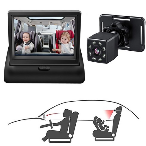 자동차 차량내 아기 감시 위한 아마존 핫 판매 HD 카메라 미러, 4.3 폴딩 + 라이트 스트랩360B 8개(1080P)