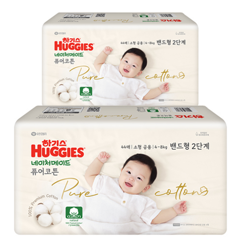 하기스 네이처메이드 퓨어코튼 순면 밴드형 기저귀 남여공용 소형 4~8kg, 2단계, 88매